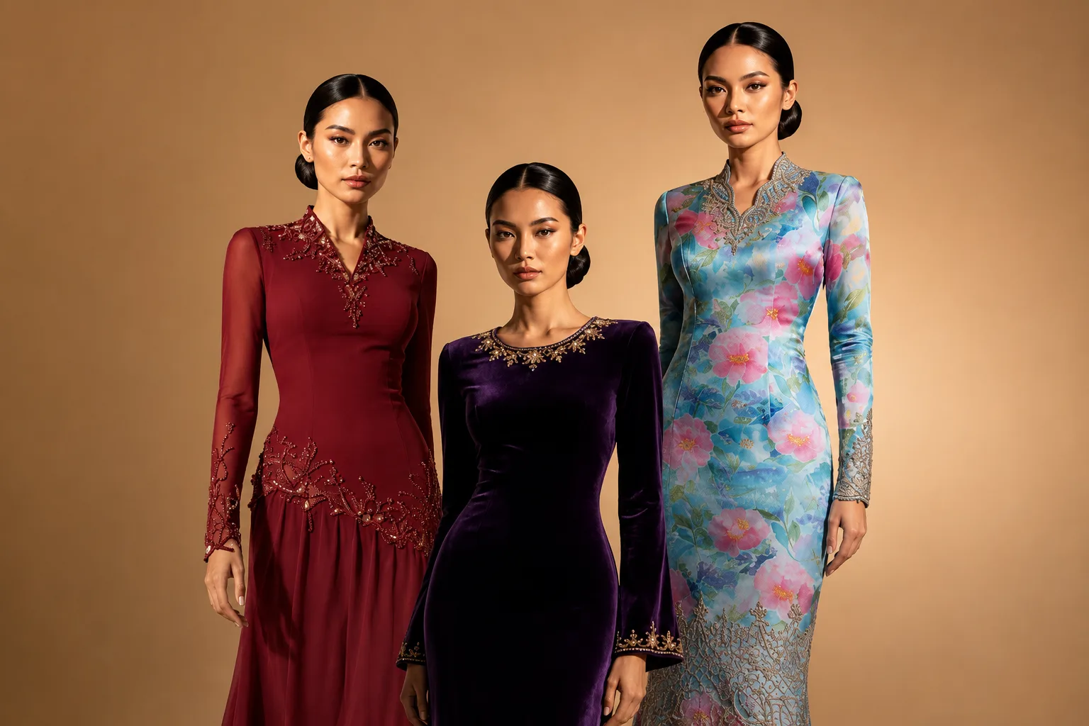 Three models wearing Damak Ilham bespoke pieces against a warm tan backdrop