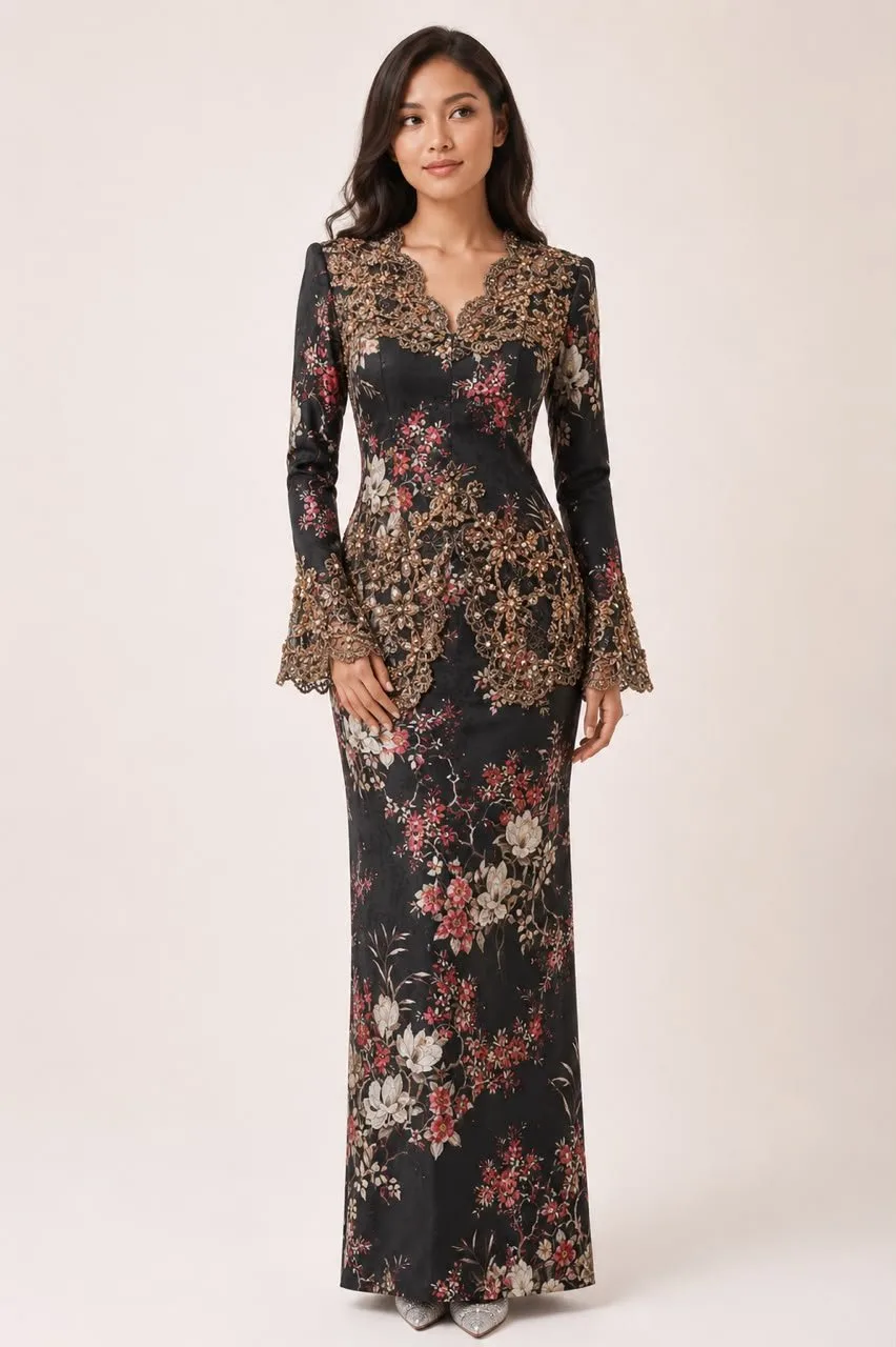 Cahaya occasion piece in black floral silk with gold lace peplum and crystal beading