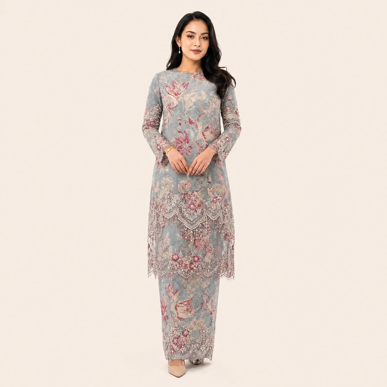 Senja kebaya in grey-blue floral silk with intricate lace trail and beading