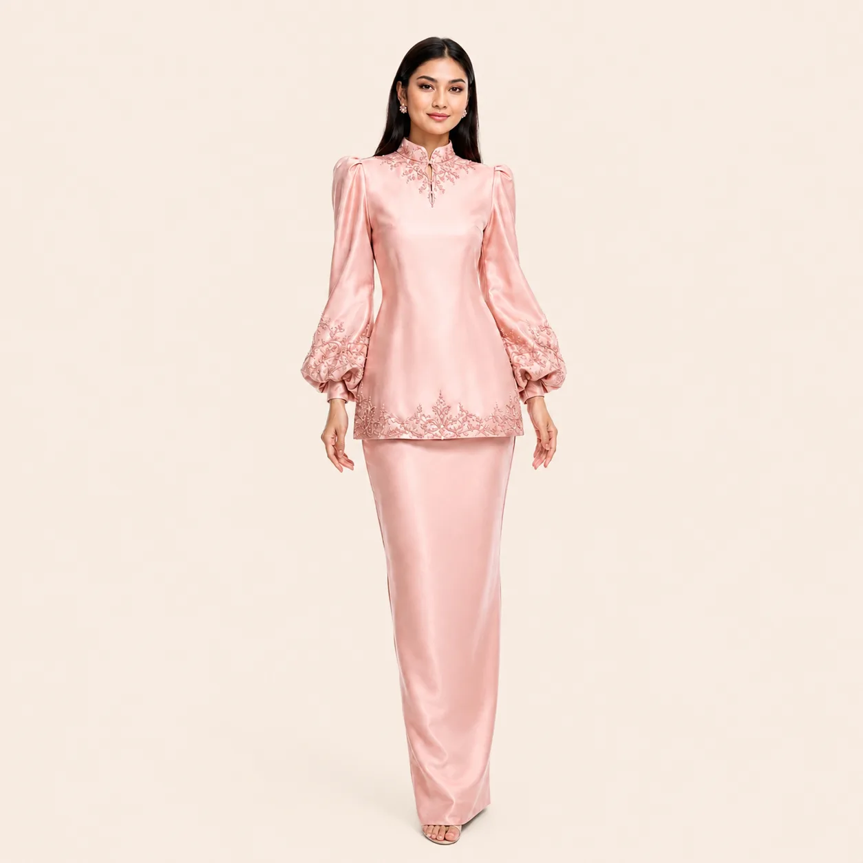 Melati kurung in blush silk satin with puffed sleeves and tonal beading