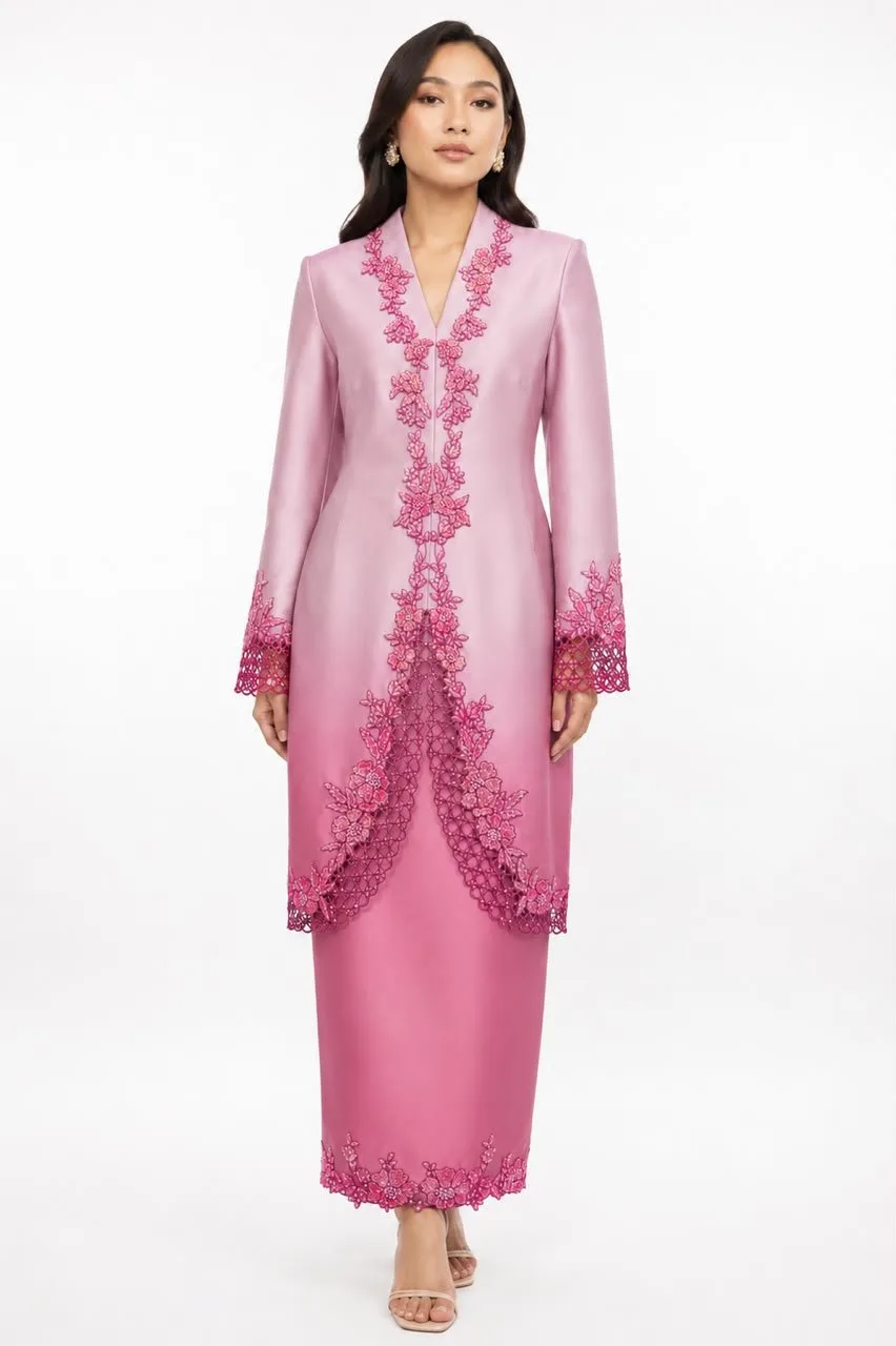 Kirana kebaya in pink ombré silk with hand-appliquéd floral lace trail