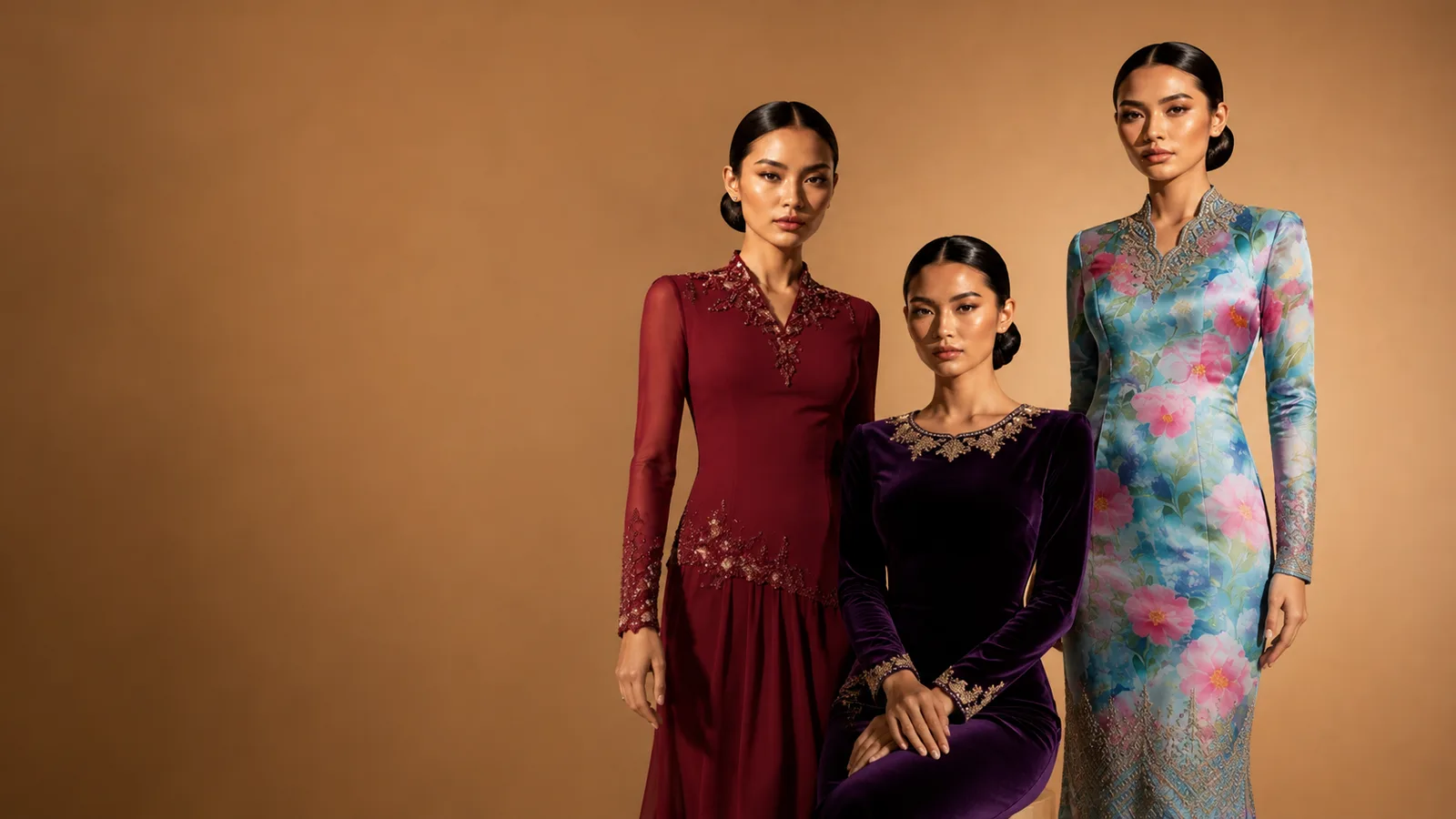 Damak Ilham campaign — formal evening kurung, velvet column and floral kebaya